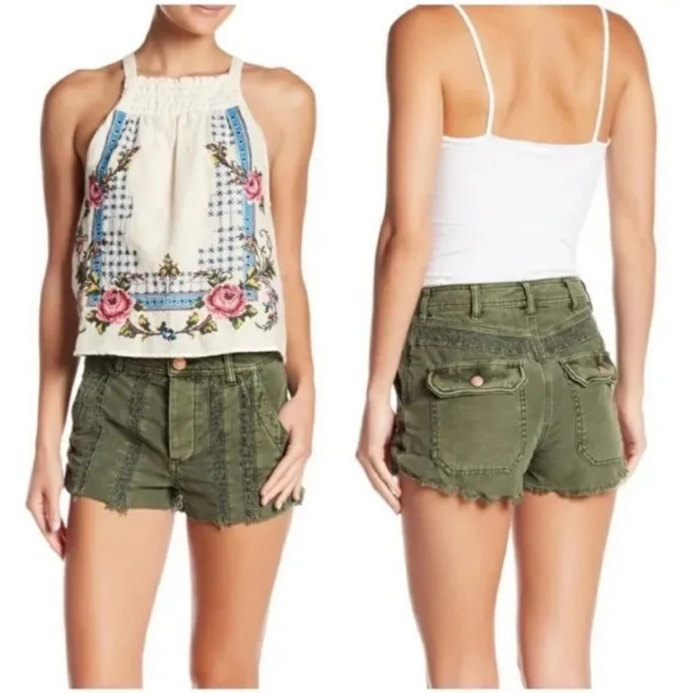 FREE PEOPLE Moss Green Great Expectations Button Fly Crochet Mini Short …